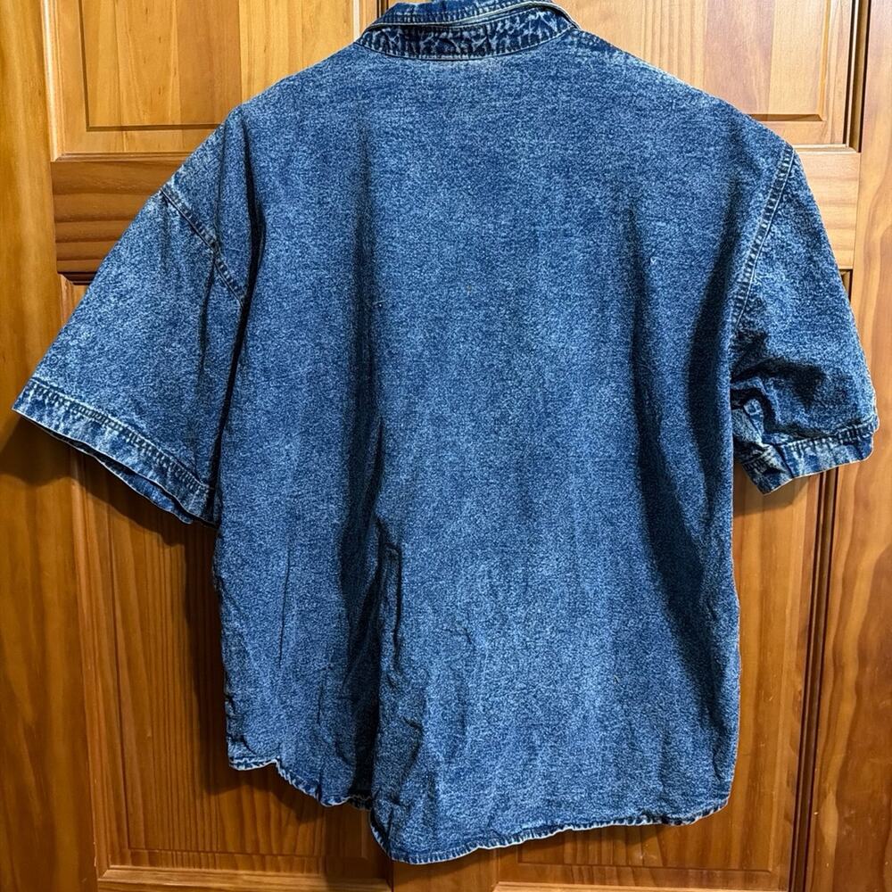 Vintage Pretty Bleu Bedazzled Applique Floral Jean Denim Women's Buttoned Shirt - Picture 3 of 5